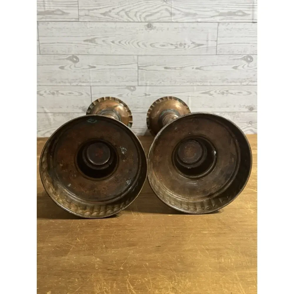 2 Large Metal Ornate Candlesticks with Handle Great Patina